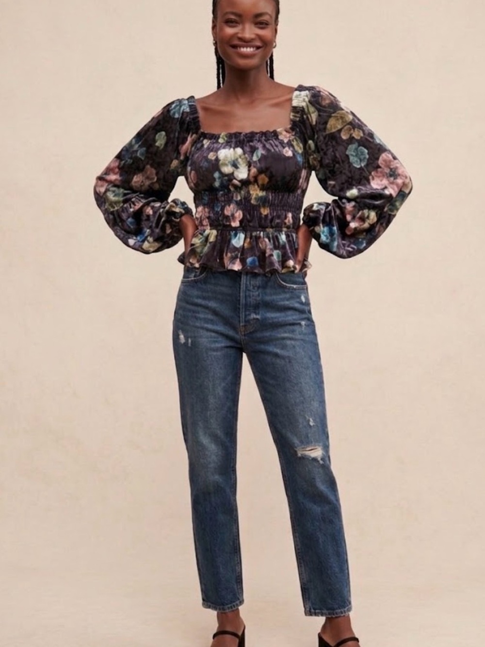 Anthropologie Hutch  Black Floral Smocked Velvet Peplum Blouse Size S